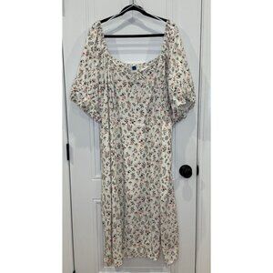 Old Navy White Puff Sleeve Maxi Dress w/ Orange & Yellow Ditzy Floral Print EUC